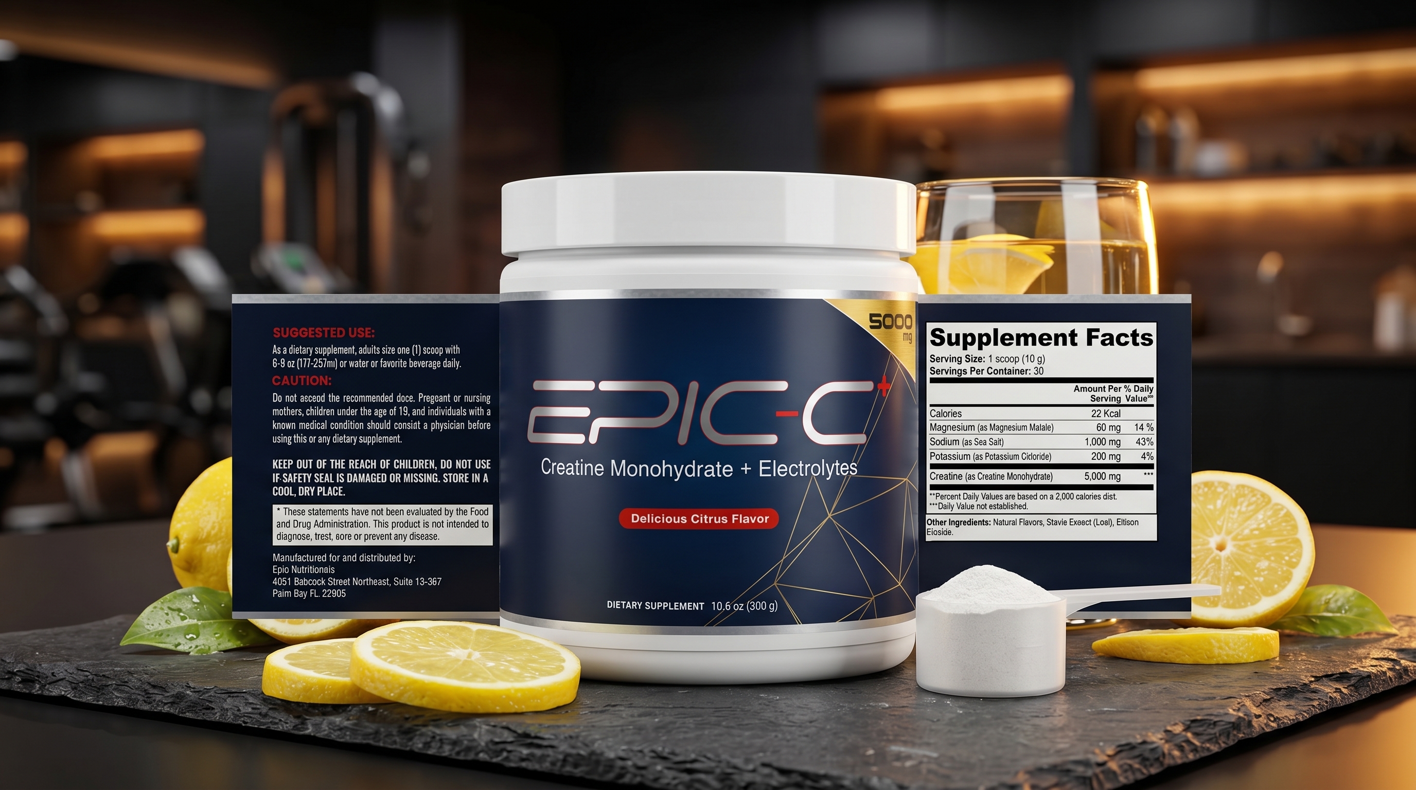 EPIC-C+ Creatine Monohydrate + Electrolytes container with scoop and lemon slices