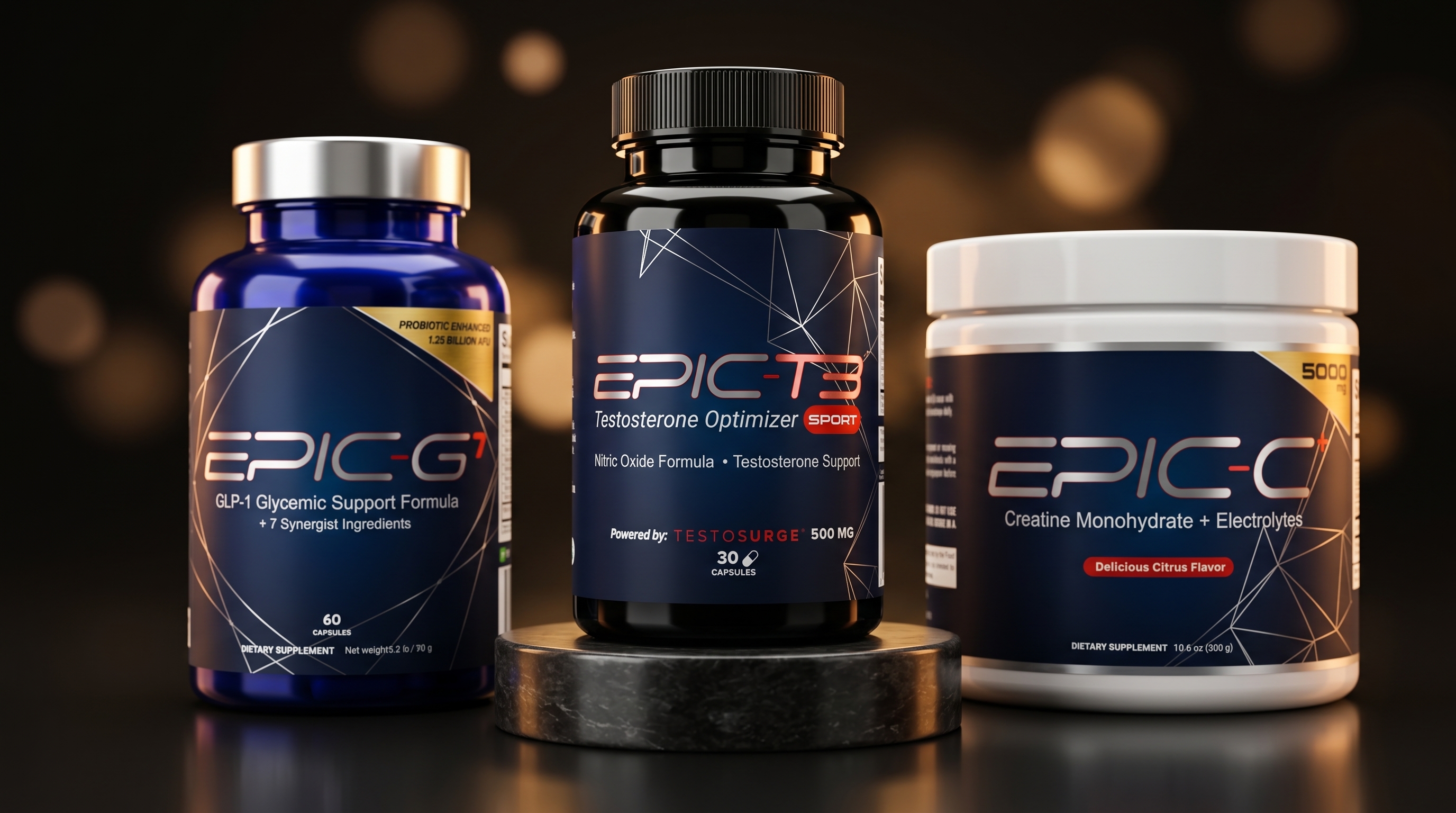 EPIC formula family — EPIC-G7, EPIC-T3 Sport, and EPIC-C+ supplement bottles on dark background