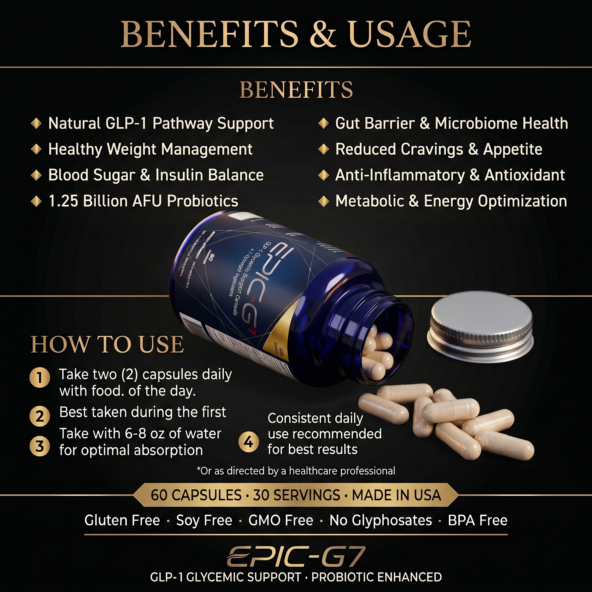EPIC-G7 Benefits & Usage — GLP-1 pathway support, weight management, probiotics, how to use guide