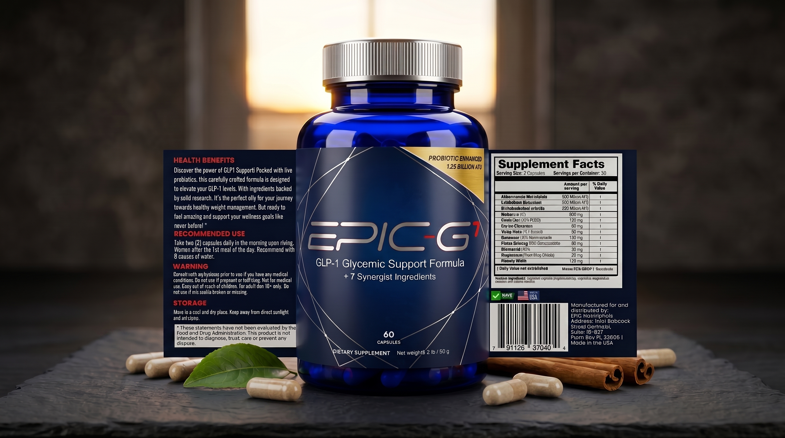 EPIC-G7 GLP-1 Support Formula bottle with supplement facts panel, capsules, and cinnamon sticks