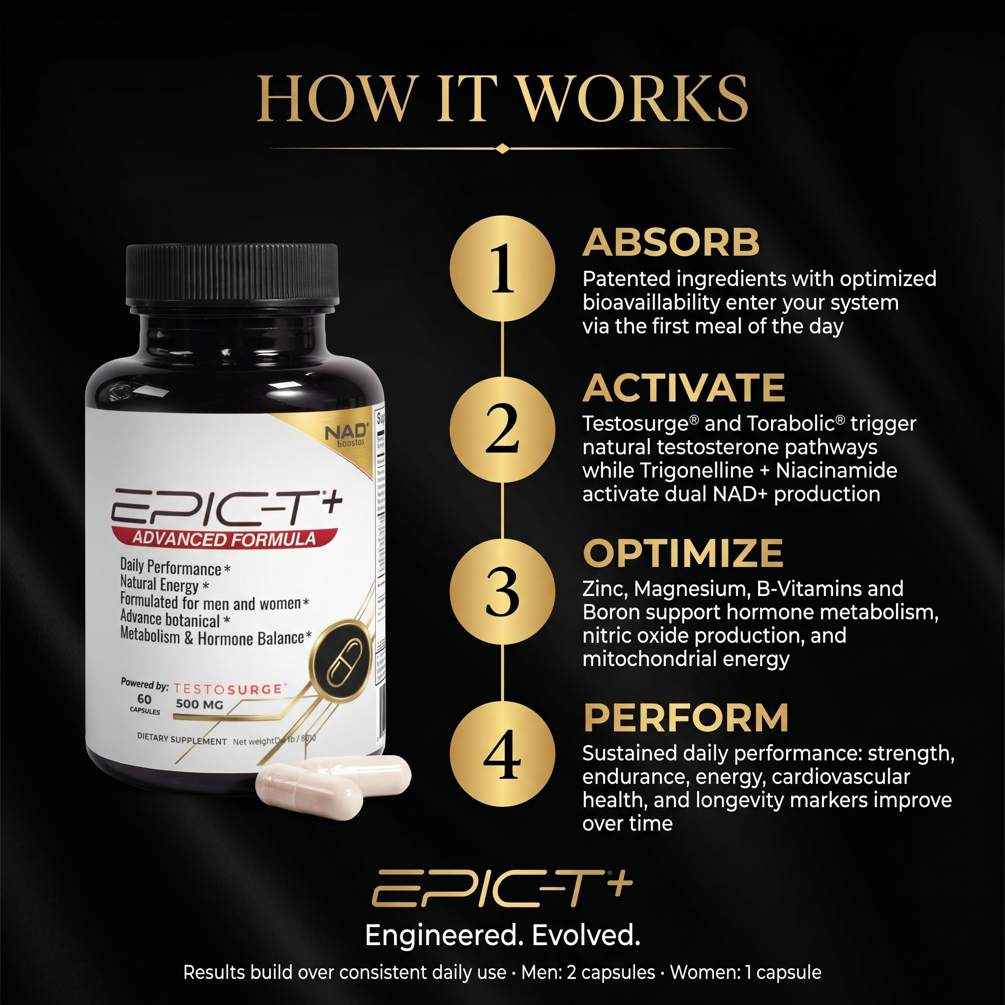EPIC-T+ How It Works — dual-pathway NAD⁺ booster and hormone support mechanism